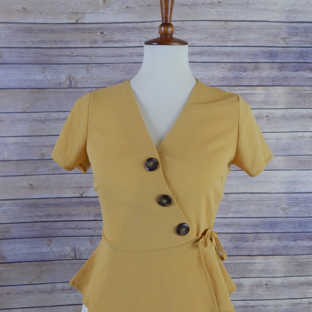 NWT Hiatus Peplum Wrap Blouse Gold Yellow